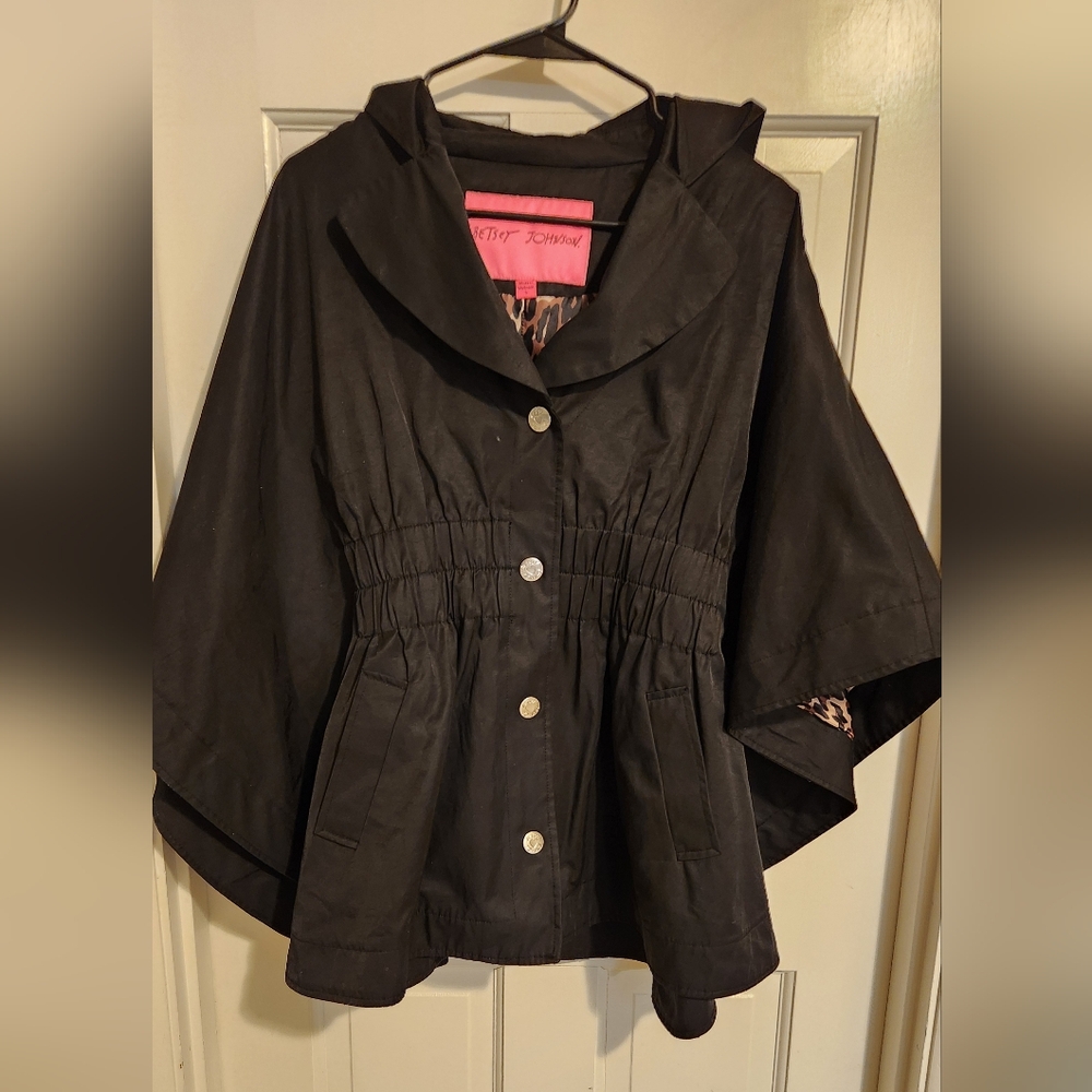 Betsey Johnson Black Hooded Cape Jacket with Leopard Inside , Size S - Picture 1 of 4